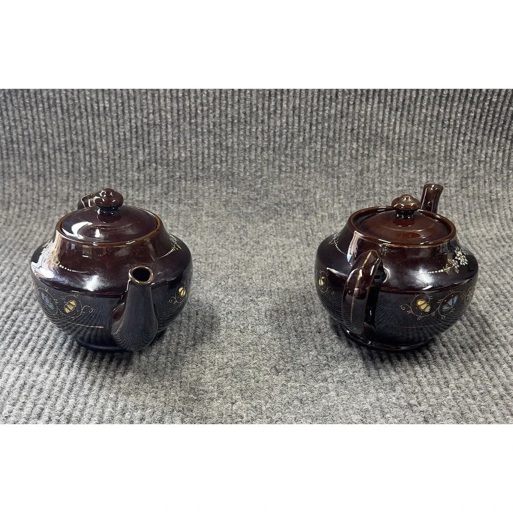 Redware Teapots Dark Brown HandPainted  Moriage Enamel Floral Japan Set Of 2 VTG